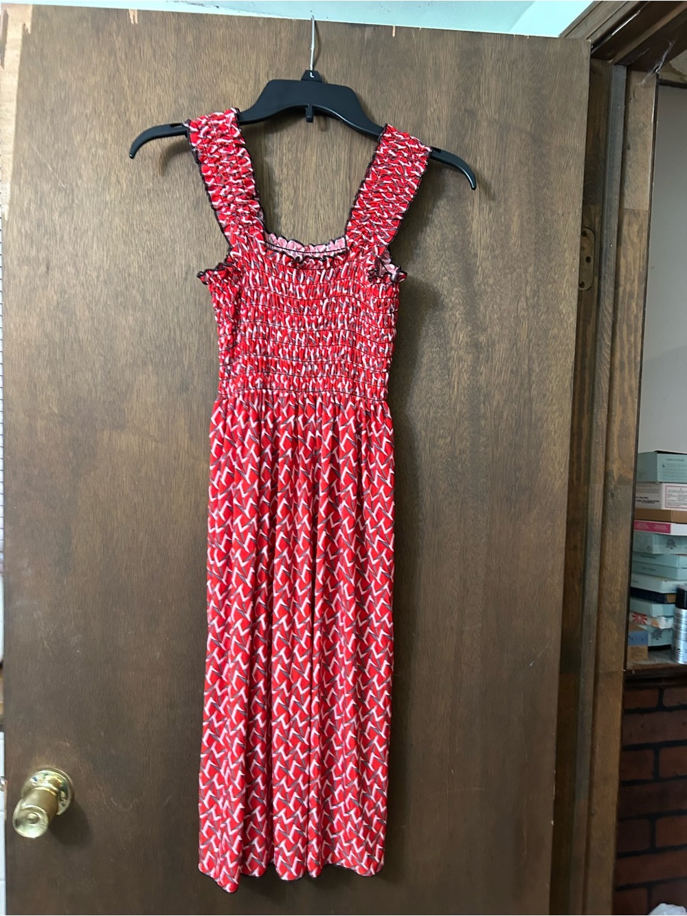 FC-NW no tags Red Smocked Tank Midi Dress with Geometric Print Size Medium